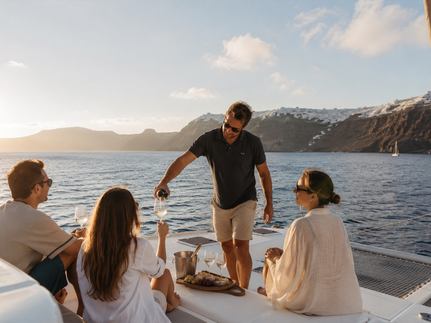 Guests enjoying a private catamaran cruise in Santorini